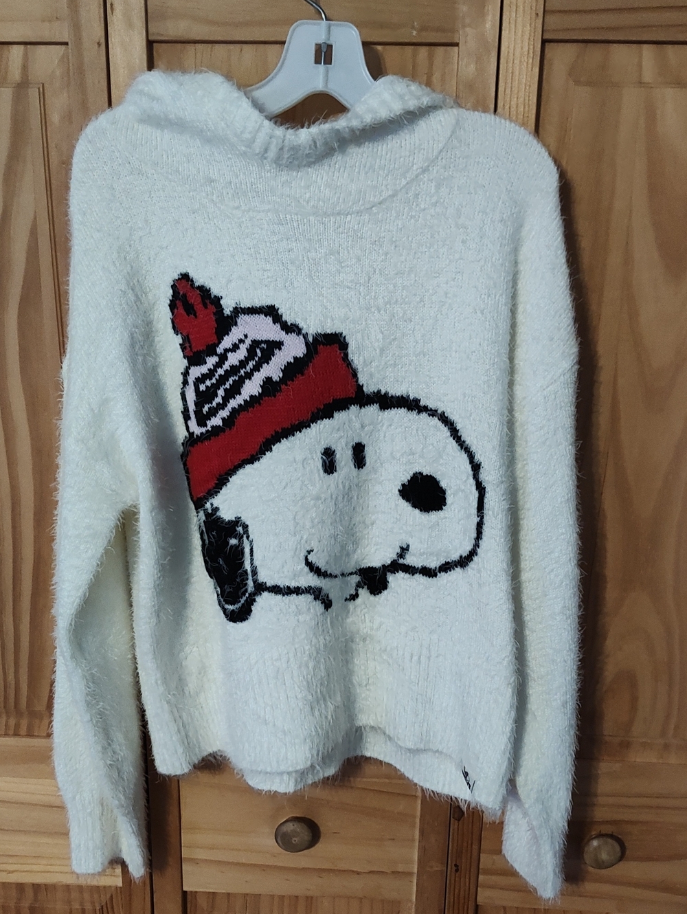 Justice Peanuts White Hooded Sweater with Red & Black Snoopy Graphic, Girls L